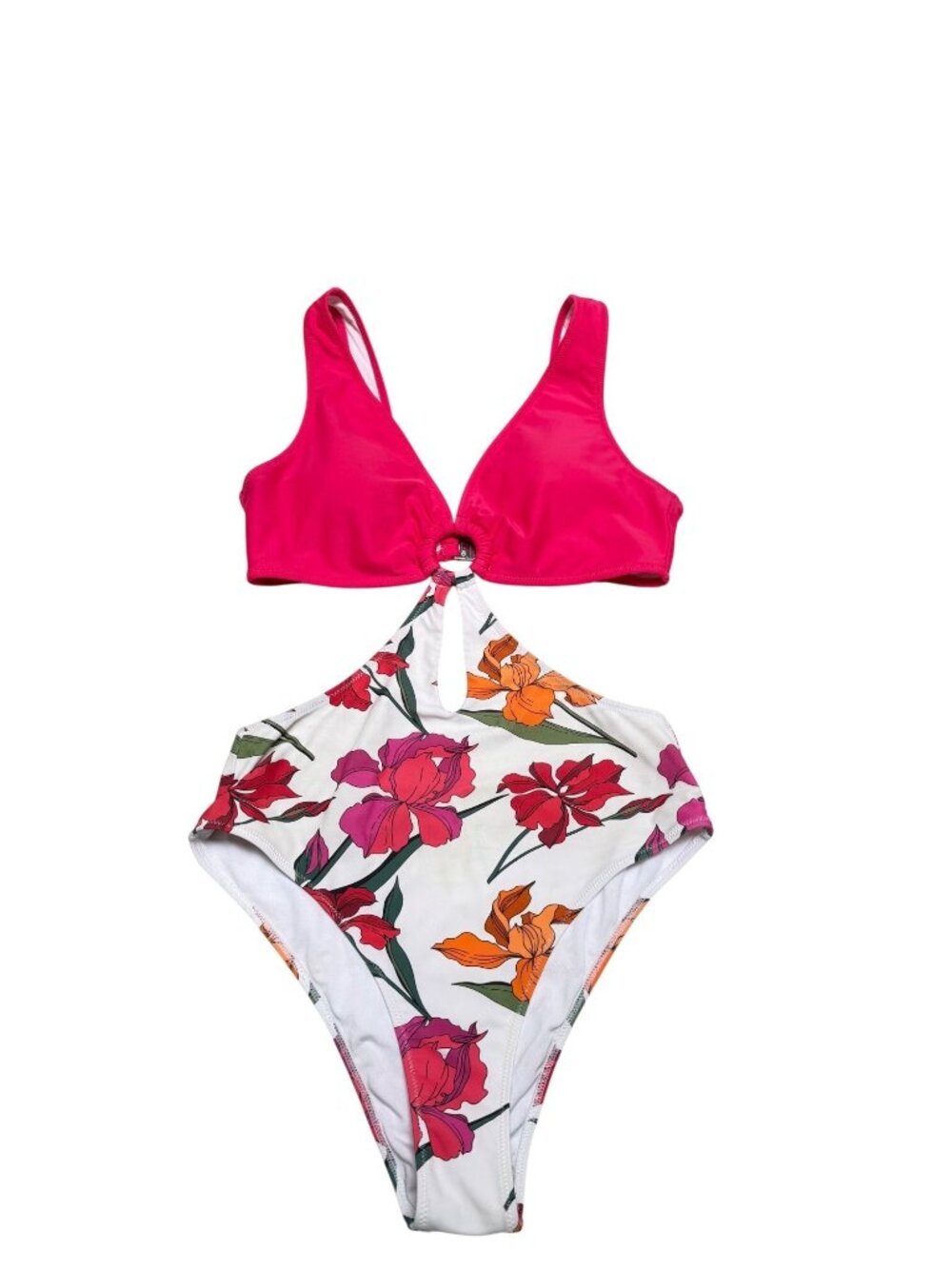 Cupshe Hot Pink & Floral Cutout One‑Piece Swimsuit – Tropical Ring Accent (M)
